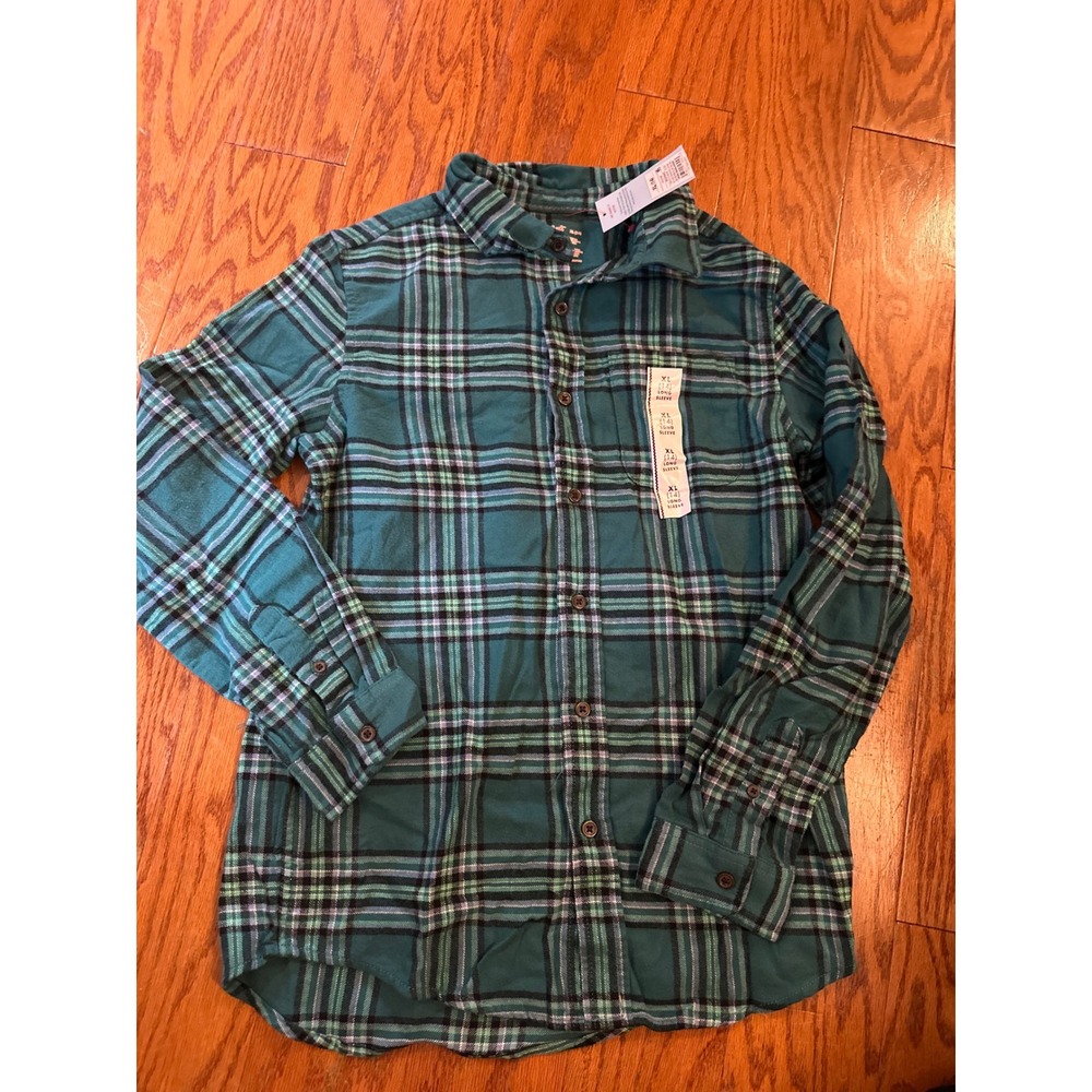 Cat & Jack Boys XL 14 Flannel Shirt Teal Green Plaid Long Sleeve Button Down NEW